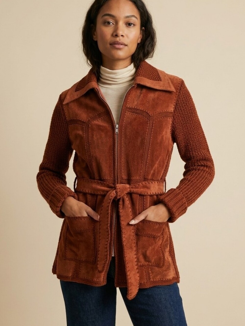 Exclusive Imports Vintage 1970s Leather Suede Knit Sweater Jacket - Size Medium - Picture 1 of 8